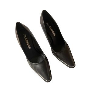 Jil Sander Black Pointed Toe Heels White Contrast Stitching Size 7